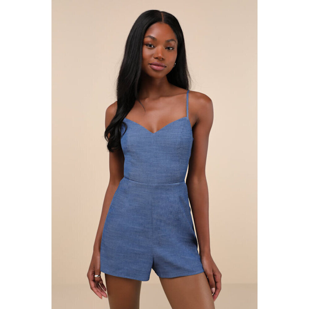 Lulus Sweet Position Blue Chambray Sleeveless Tie-back Romper - Size S